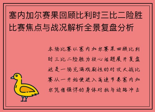 塞内加尔赛果回顾比利时三比二险胜比赛焦点与战况解析全景复盘分析 塞内加尔赛果回顾比利时三比二险胜比赛焦点与战况解析全景复盘分析